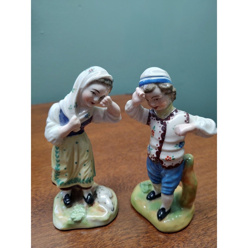 Pair of 2 Vintage German Porcelain Boy & Girl Figurine Very Early 4-1/2" Tall